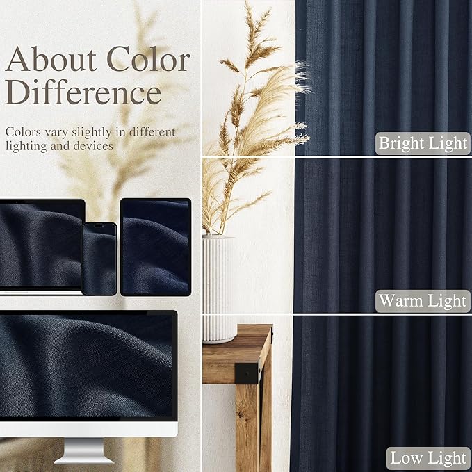 Navy Blue Linen Blend Drapes 84 Inch Length 2 Panels Set Back Tab Rod Pocket Light Filtering Semi Sheer Textured Indigo Blue Curtains Boho Farmhouse Decor Curtains for Living Room Bedroom 40x84