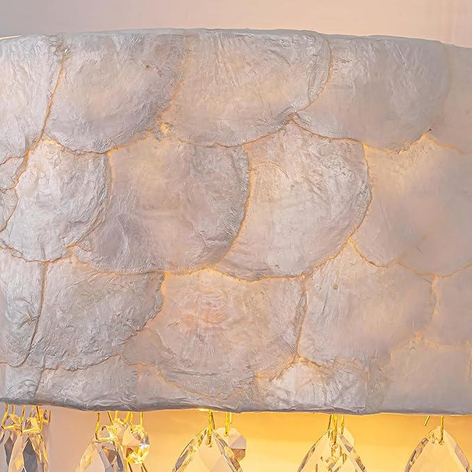 2-Light Capiz Shell Crystal Wall Sconces, Coastal Design Indoor Wall Lamp, Vanity Wall Mount Light Fixture for Bathroom, Hallway, Bedroom, Shell Lampshade, Crystal Pendants & Gold Finish