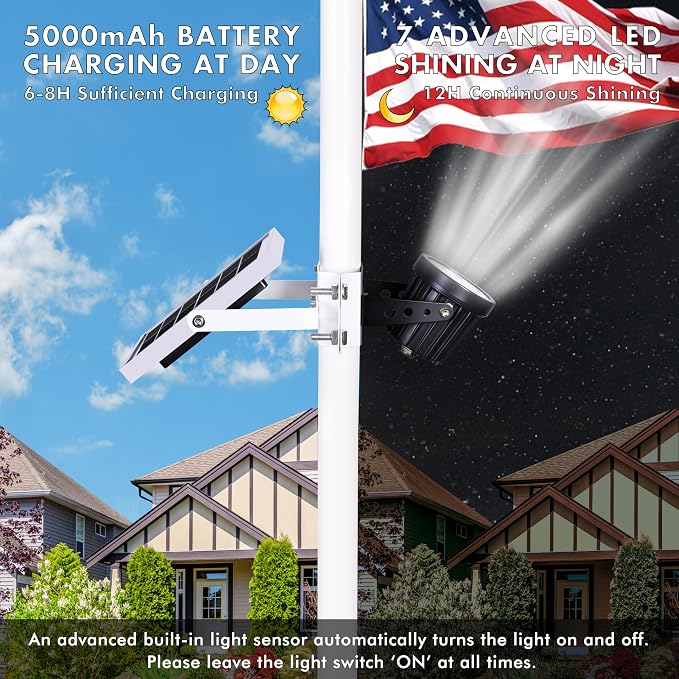 Flagpole Light Solar Powered,Auro 7 Solar Spot Light 7 LED for 1.5"-3.3" Poles,12H Dusk to Dawn Auto On/Off,5W Outdoor IP65 Waterproof,Multiuse on Landscape,Wall - Cold White