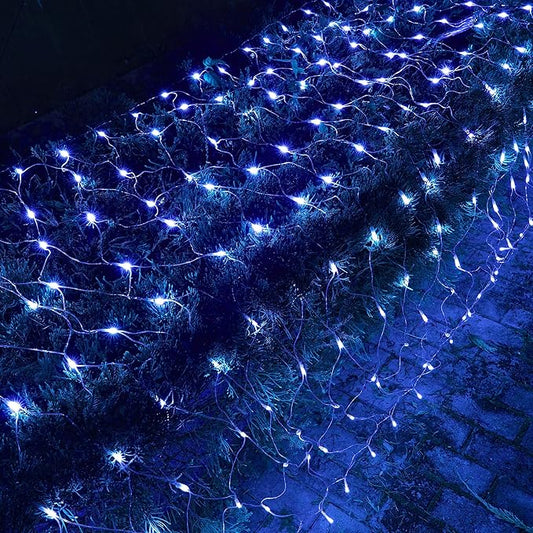 Dazzle Bright Christmas Net Lights, 360 LED 12FT x 5 FT Transparent Wire Waterproof Connectable String Lights with 8 Modes Christmas Decoration Outdoor Lights for Bushes Garden Party Holiday (Blue)