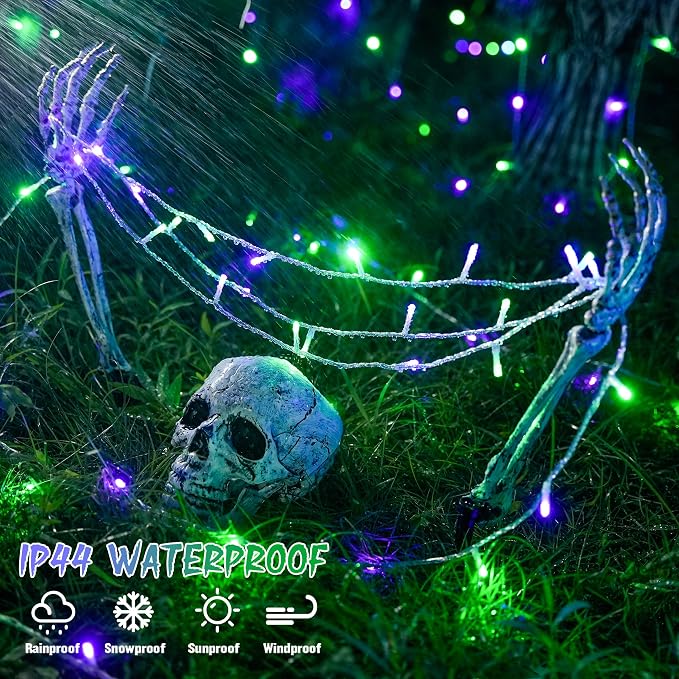 JMEXSUSS 2 Pack Purple and Green Halloween Lights, Total 200 LED 8 Modes Halloween String Lights Plug in, Each 33ft Connectable Christmas Lights Indoor Outdoor for Tree Porch Fireplace Decor