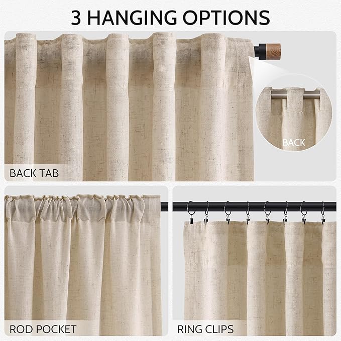 Grey Flax Linen Curtains 108 Inches Long for Living Room Light Filtering Mordern Boho Sheer Curtains Back Tab and Rod Pocket Long Floor to Ceiling High Window Curtain for Bedroom 52x108, 2 Panels