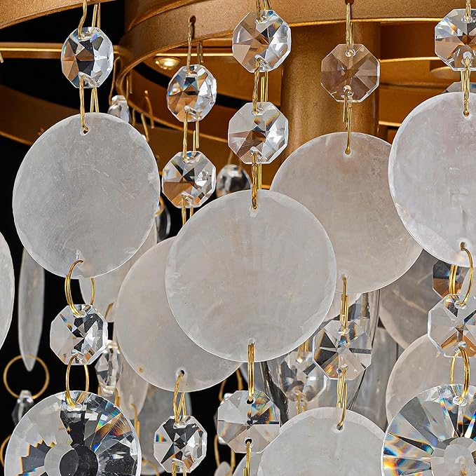 D11 inch Capiz Shell Crystal Ceiling Light, 3-Light Coastal Design Flushmount Close to Ceiling Light Fixture for Foyer, Hallway, Bedroom, D11 x H13 inch, Shell & Crystal & Copper Finish Frame