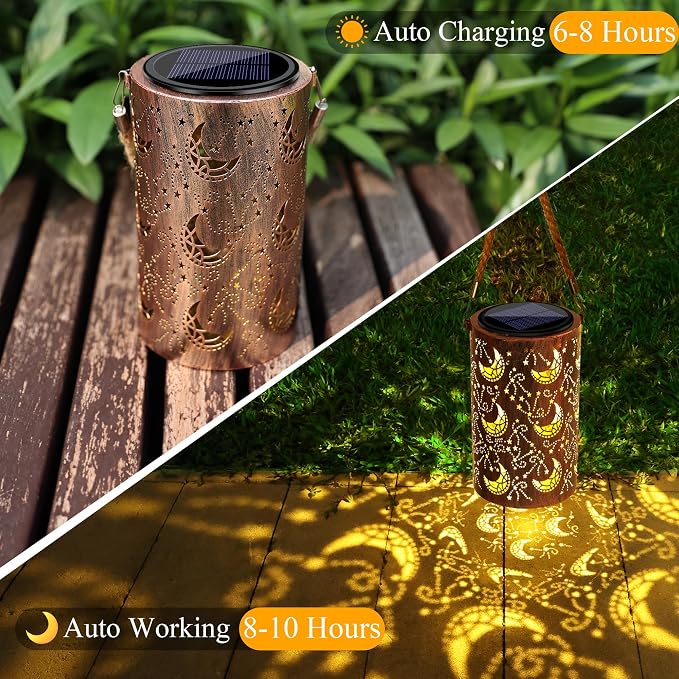 Toodour Solar Lantern Outdoor, Hanging Solar Outdoor Lights Garden Decor, Waterproof Hollow Out Retro Metal Moon Decorative Lights for Patio, Balcony, Yard, Walkway, Landscape, Outdoor Decor