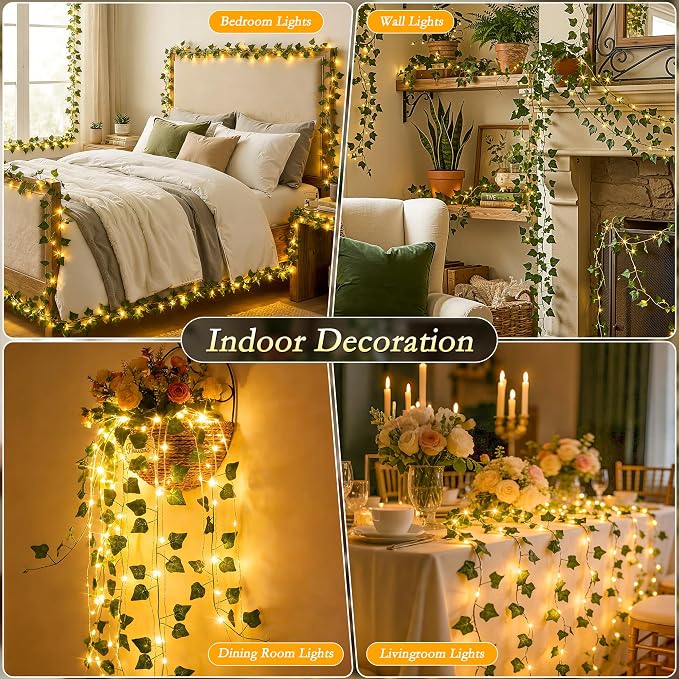 33FT Ivy Vines with Fairy Lights, IP44 Waterproof 100LED String Lights with 8 Modes & Timer, Battery Operated Artificial Greenery Garland for Aesthetic Bedroom Wall Decor, Party, Wedding