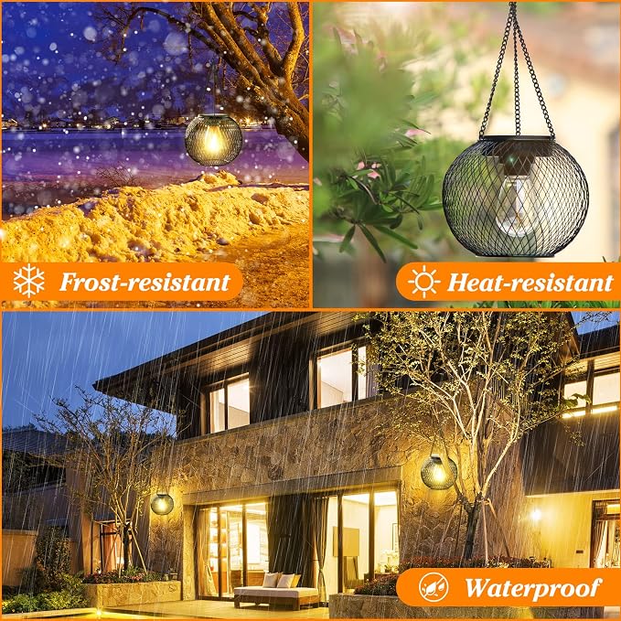 Solar Lantern Outdoor, Upgraded Hanging Lights Outdoor Garden Metal Lanterns Decorative Lighting Powered Waterproof Tree for Yard Patio Pathway, 2 Pack, Black