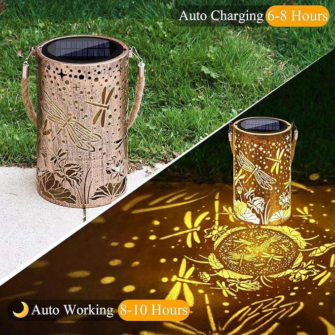 Toodour Solar Lantern Outdoor, Dragonfly Gifts for Women Mom Grandma Hanging Solar Outdoor Lights Waterproof, Hollow Out Retro Metal Dragonfly Lights for Patio, Balcony, Walkway, Yard Decorations