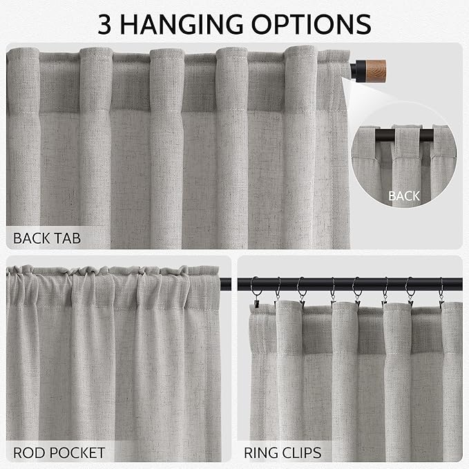 Nanspring Light Gray Linen Curtains 108 Inches Long for Living Room Extra Long Simple Modern Coastal Decor Semi Sheer Curtain Grey Back Tab Floor to Ceiling Drapes for Bedroom 52x108, 2 Panels
