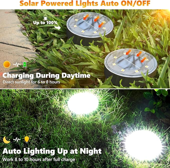 Joomer 2-in-1 Solar Lights Outdoor Waterproof Solar Powered Ground Lights | 8 Pack 8 LED Solar Garden Lights Disc Landscape Lighting for Patio Pathway Lawn Yard Driveway Walkway (White)