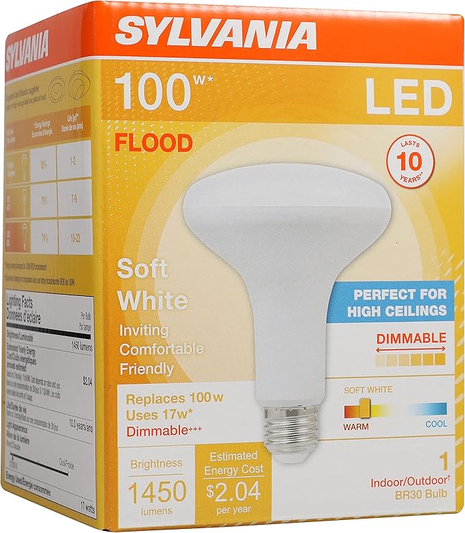 Sylvania LED Flood BR30 Light Bulb, 100W Equivalent Efficient 17W, Dimmable 2700K, Soft White - 1 Pack (40288)