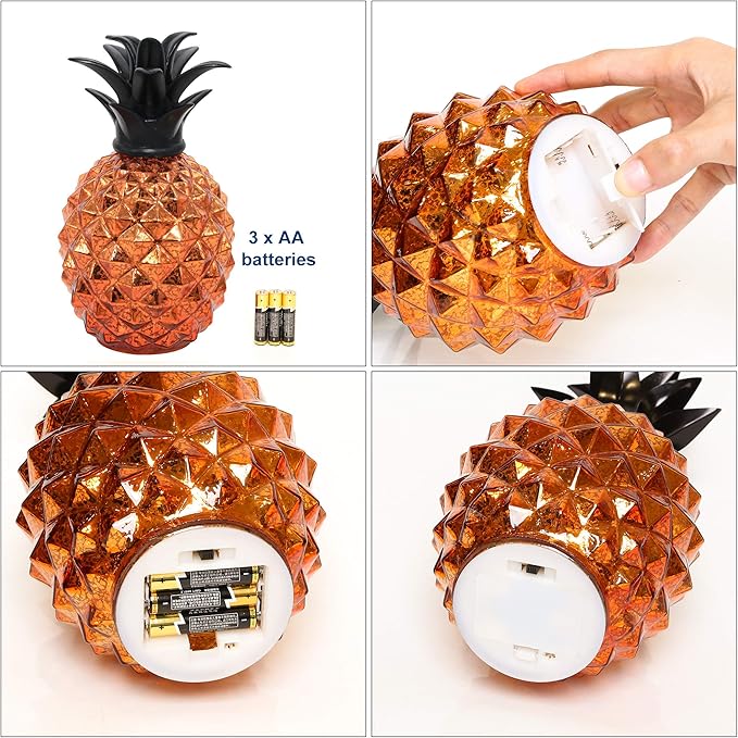 Romingo Mercury Glass Pineapple Lamp 9 Inch Batteries Operated Night Light with Timer for Living Bed Room, Women's Gift for Wife Girl Friend, Orange