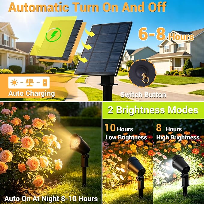 Super Bright 500LM Solar Spot Lights Outdoor with Separate Panel 3Pack | 3000/4000/5000K, 2 Brightness Levels, IP65 Waterproof, Adjustable Angle, 10FT Cable, Stake/Wall Mount, Auto Dusk to Dawn