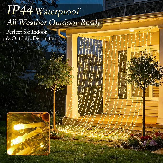 Curtain String Lights Indoor, 300LED 9.8 * 9.8FT USB Plug-in Window Curtain Lights with Timer and 8 Modes, Waterproof Warm White Curtain Fairy Lights for Bedroom Room Wedding Outdoor Decor