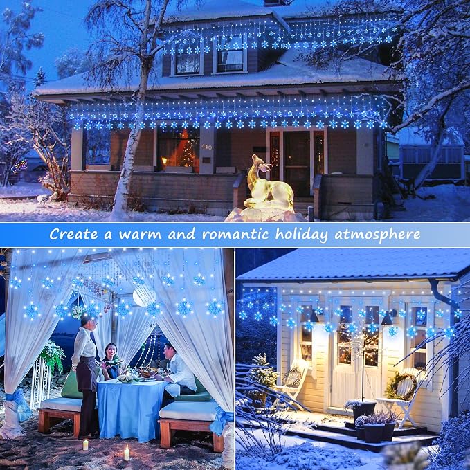 Christmas Snowflake Icicle Lights,6.5ft 144LED Curtain Lights with 12 Drops,Timer 8 Modes Connectable,Waterproof Fairy Light for Eaves, Garden, Indoor Outdoor Xmas Decoration (Blue White)