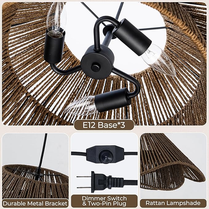 Lumstory Rattan Plug in Pendant Light for Ceiling Farmhouse Dark Brown Boho Woven Hanging Lights with Plug in Cord, Wicker Hanging Lamp with Dimmable Switch, Rattan Chandelier for Dining Room, 3-Light