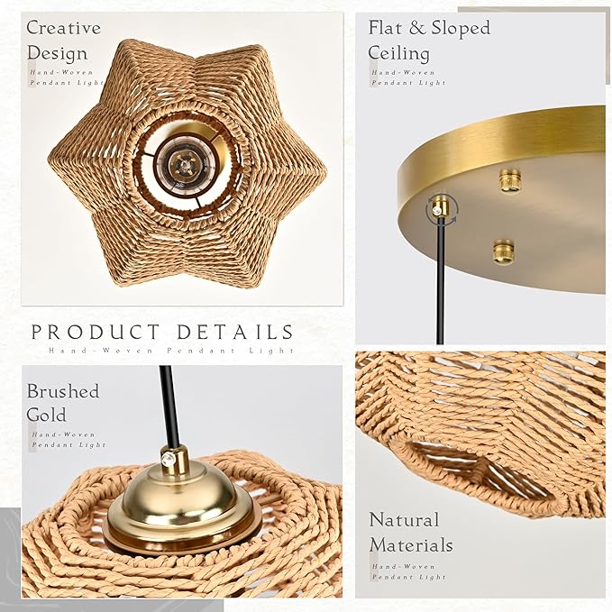 12" Boho Natural 3-Light Boho Chandeliers for Kitchen Island Hand-Woven Boho Rattan Chandeliers Dimmable Adjustable Hanging Chandelier for Dining Room Living Room Hallyway（Bulb Incl.