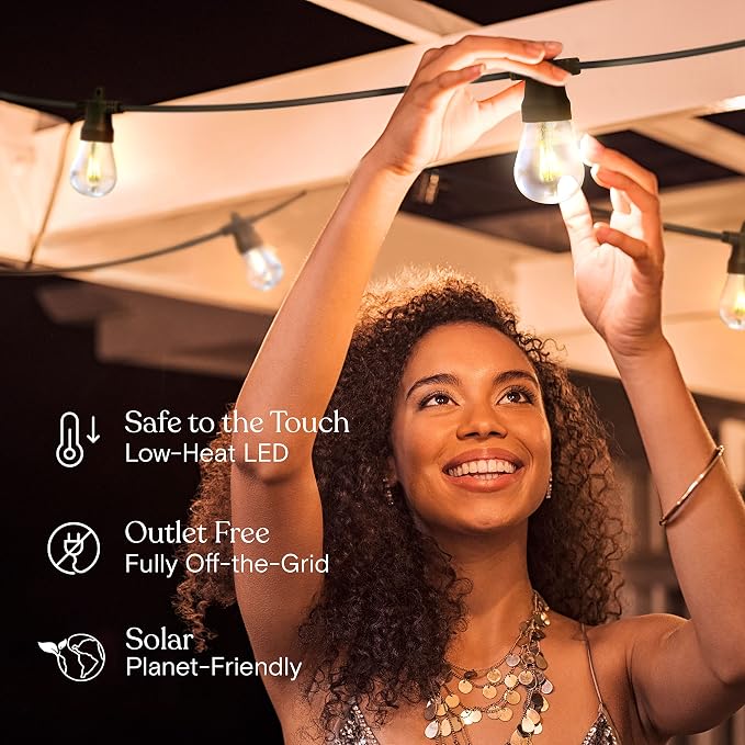 Brightech Ambience Pro Solar Powered Outdoor String Lights, 27ft Remote Control Commercial Grade Waterproof Patio Lights, 12 Edison Bulbs, Shatterproof LED String Lights for Outside - 1W Soft White