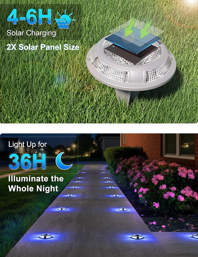 VOLISUN Solar Driveway & Deck Lights 12 Pack Waterproof Dock & Marine Ground Lights,2-in-1 Blue & White LED,Solar Marker for Pathways,Steps,and Warning Signs,Auto On/Off