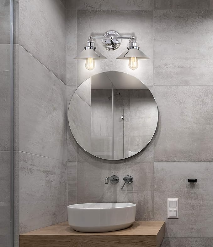 JONATHAN Y 17.5" Chrome 2-Light Industrial Farmhouse Metal Vanity Light Wall Sconce, Metal Shade for Bathroom Mirror, Kitchen, Entryway, LED Bulb Included (JYL7424A)