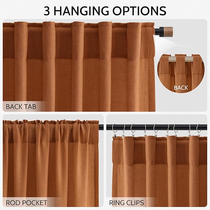 Nanspring Desert Orange Linen Curtains 90 Inch for Living Room Rod Pocket Back Tab Window Drapes Light Filtering Modern Farmhouse Curtain 90 Inches Long for Bedroom 52x90,2 Panels