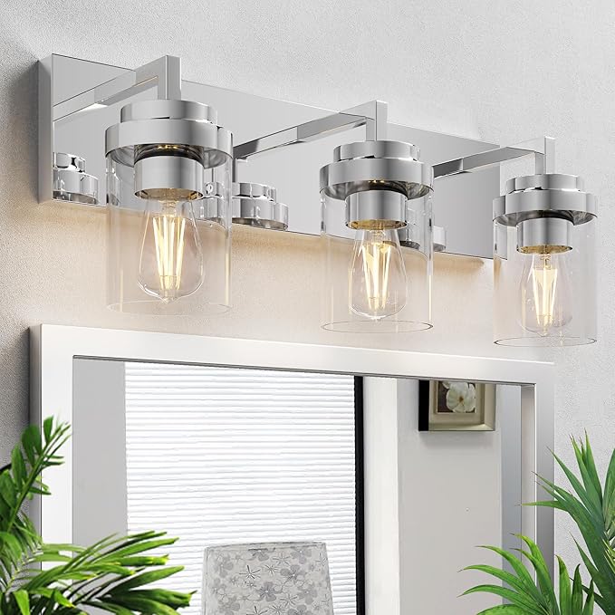 Espird Chrome Light Fixtures, 3 Light Bathroom Vanity Light with Clear Glass Shade, 22in Modern Vanity Light, Bathroom Lighting Fixtures Over Mirror for Living Room