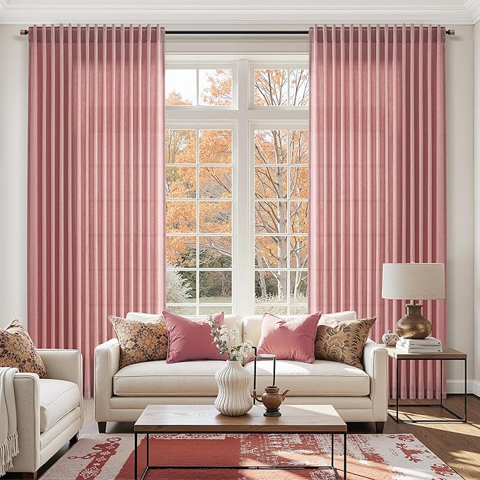 Canyon Rose Linen Curtains for Living Room 100 Inches Long Light Filtering Semi Sheer Curtain Back Tab Modern Farmhouse Decor Elegant Luxury Boho Girl Drapes for Bedroom Dinner Room 52x100, 2 Panels