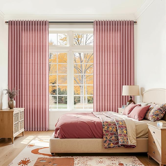 Canyon Rose Linen Curtains for Living Room 100 Inches Long Light Filtering Semi Sheer Curtain Back Tab Modern Farmhouse Decor Elegant Luxury Boho Girl Drapes for Bedroom Dinner Room 52x100, 2 Panels