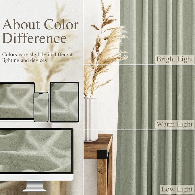 Sage Curtains 90 inches Long 2 panels for Living Room Back Tab Rod Pocket Semi Sheer Linen Draperies Muted Neutral Sage Green Room Decor Earth Tone Pale Green Curtains for Diningroom Bedroom Office