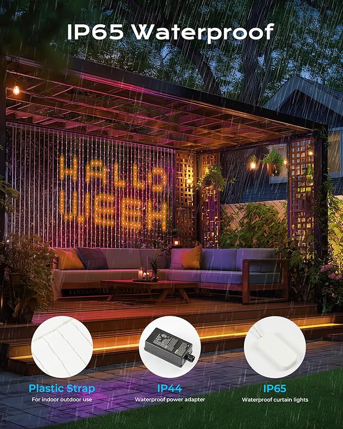 Brightown 400 RGBIC LED Smart Curtain Fairy Lights, 6.6x6.6ft Dynamic Color Changing Christmas String Lights with Remote, IP65 Waterproof Smart Wall Window Lights for Bedroom Living Room Garage