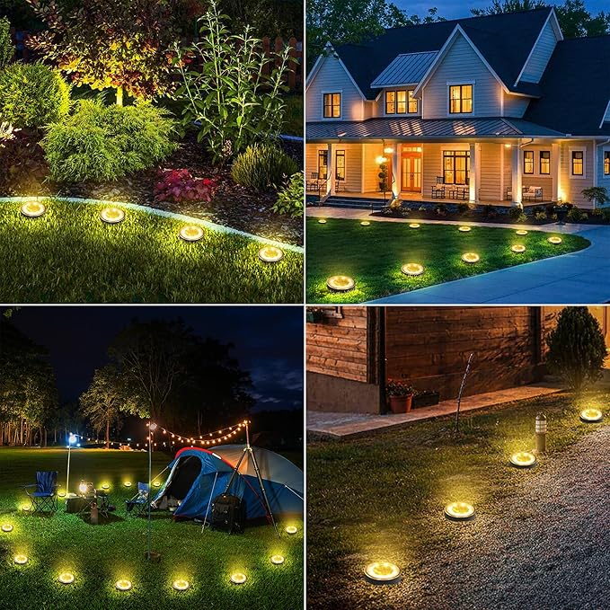 Joomer 2-in-1 Solar Lights Outdoor Waterproof, 12 Pack 8 LED, Warm White | Solar Powered Garden Lights Ground Disc Landscape Lighting for Patio Pathway Lawn Yard Driveway Walkway Deck Step