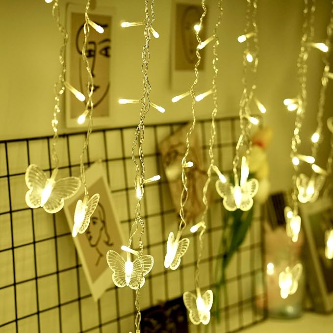 Butterfly Curtain Fairy Lights USB Plug in,8 Modes 120 LED 19.7FT Firefly Twinkle Timer String Lights with Remote, Waterproof Copper Wire for Bedroom Patio Christmas Wedding Party Dorm(Warm White)