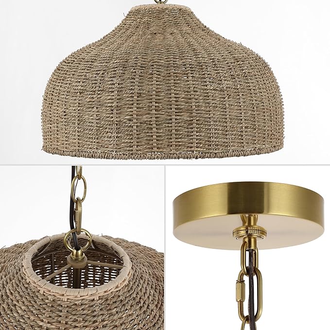 JONATHAN Y 20" Brown/Brass Gold 1-Light Rattan and Iron Dome Pendant Light, Adjustable Height Coastal Bohemian Hanging Lamp for Kitchen Island, LED Bulb Included JYL1133A