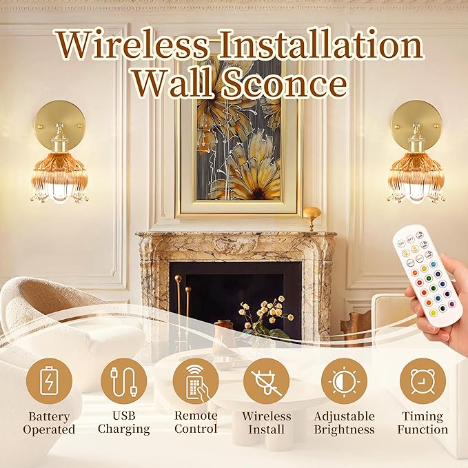 Wireless Wall Sconce with Flower lampshade, Battery Operated Wall Lights,Wall lamp with 15 Colors for Bedroom Living Room Home Decor (Amber, 2 Light Battery Operated)