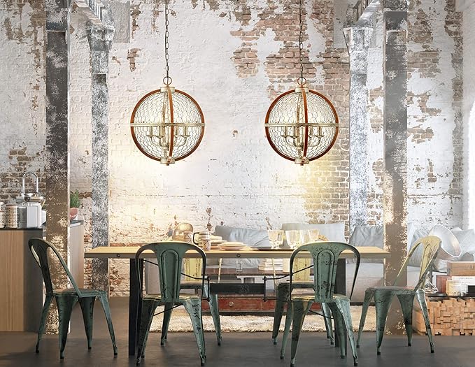 JONATHAN Y 16" Antiqued Silver/Brown 4-Light Iron Pendant Light, Rustic French Country Globe Chicken Wire Chandelier for Kitchen Island, Adjustable Height, LED Bulbs Included JYL7518A