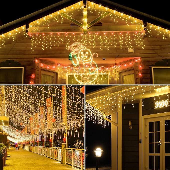 300 LED Solar Icicle Lights Outdoor with Remote Control, 33ft 8 Modes Curtain String Lights with 50 Drops, Christmas Holiday Wedding Party Decorations, Warm White