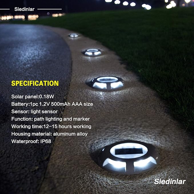 SIEDiNLAR Solar Deck Lights Dock Driveway Light LED Solar Powered Outdoor Waterproof Road Markers for Step Sidewalk Stair Garden Ground Pathway Yard 16 Pack (White)