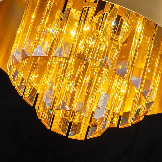 3-Light Luxury K9 Crystal Ceiling Light for Living Room, Foyer, Bedroom, Close to Ceiling Semi-Flushmount Light Fixture, Brass Finish Metal Lampshade & Champagne Crystal Pendant