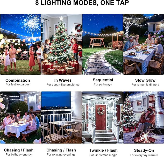 Solar Rope Lights Outdoor Waterproof, 33FT 100 LED Solar String Lights with 8 Lighting Modes,Trampoline Lights, Solar Patio Light for Garden Fence Backyard Deck Porch Pool Tree Christmas Decor