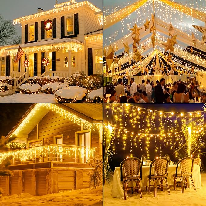 Hopolon 33FT 360 LED Warm White Christmas Icicle Lights, Waterproof Plug in | Outdoor icicle curtain lights with 60 drops, 8 modes, for Christmas, wedding, party, bedroom, garden, wall decor