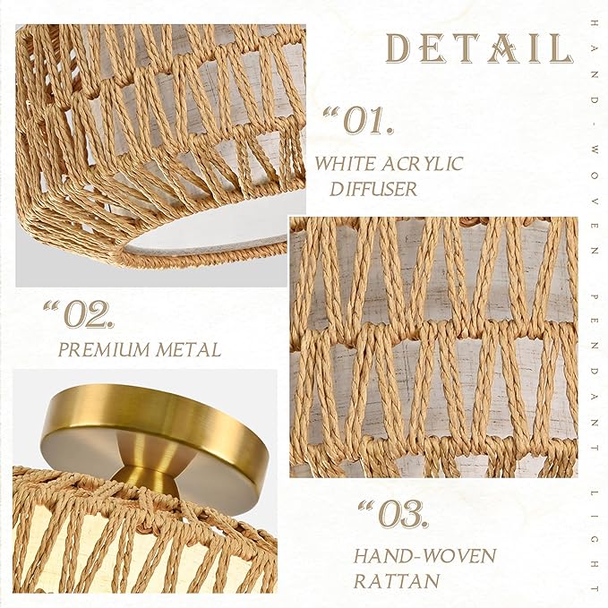 12.6 inch Natural Rattan Ceiling Light Fixture Boho Ceiling Light Hand-Woven Rattan Chandelier Fabric Shade Boho Chandelier for Dinning Room Kitchen (Bulb Incl.)
