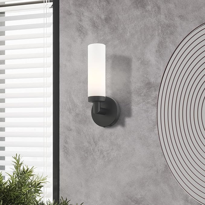 Livex Lighting 10103-04 Aero Collection ADA 1-Light Wall Sconce Light with Satin Opal White Glass Cylinder Shade, Black, 4.25 x 11