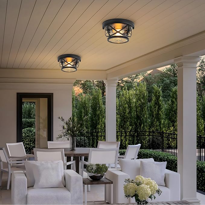 Flush Mount Ceiling Light Fixture Black, 2-Light Modern Farmhouse Porch Light Ceiling Mount for Outdoor, Indoor Flush Mount Lights Fixture for Hallway Foyer Kitchen Bathroom with Seeded Glass