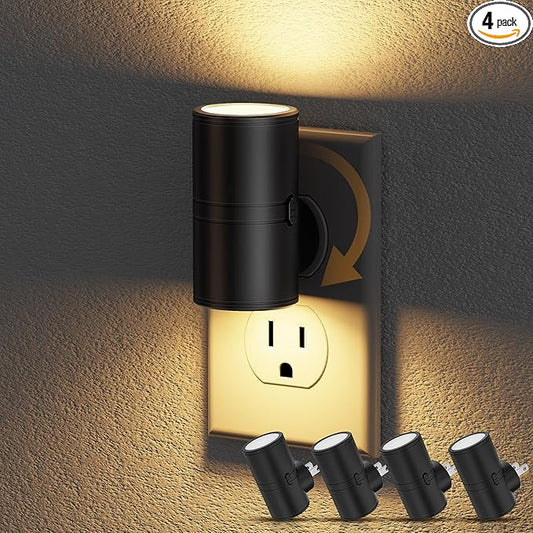 JandCase LED Night Light Plug in, Rotating Night Lights Plug into Wall [4 Pack], Dusk to Dawn Sensor, 2 Level Brightness Adjustable Nightlight, Warm White 3000K, for Bathroom Bedroom Hallway Stairs