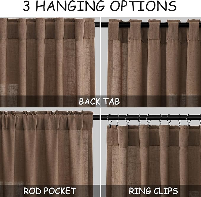Nanspring Caramel Brown Curtains 100 Inches Long 2 Panels Set Back Tab Linen Extra Long Drapes for Living Room Modern Farmhouse Light Filtering Semi Sheer Linen Curtain for Big Window 52x100
