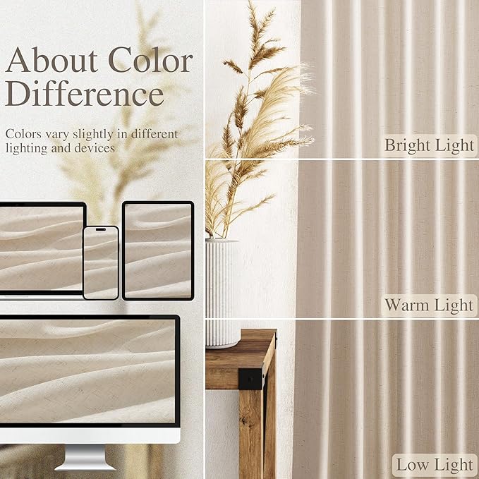 Cream Beige Linen Curtains 80 Inch Length for Living Room Light Filtering Semi Sheer Curtain Back Tab Modern Farmhouse Decor Elegant Luxury Coastal Drapes for Bedroom Dinner Room 52x80, 2 Panels