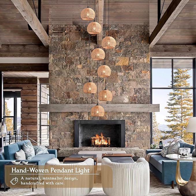 8-Light Woven Foyer Chandeliers for High Ceiling H100",8 Dome Boho Rattan Pendant Lights Farmhouse Ceiling Light,rustic Hemp rope Light Fixture For Living Room Hallway Staircase Entryway (Bulb Incl.