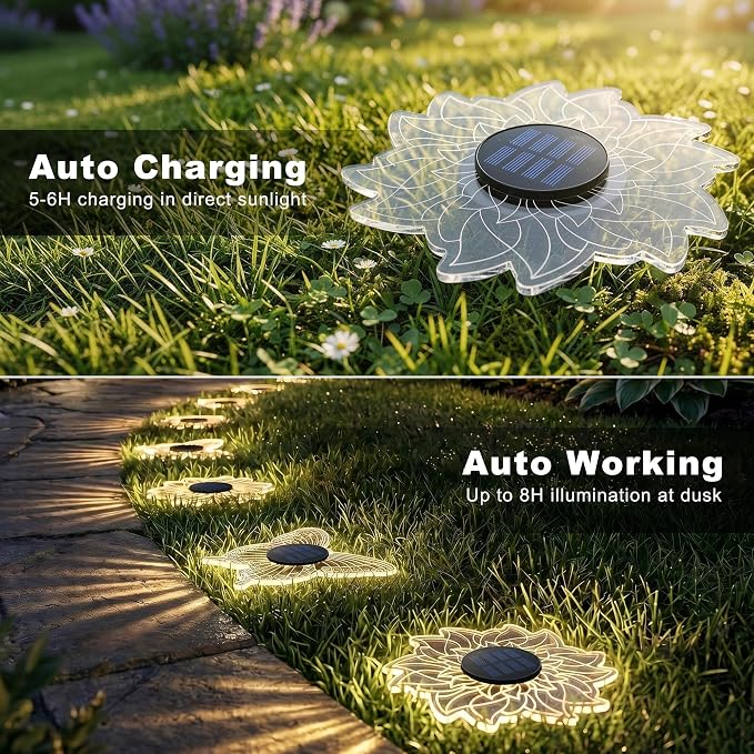 Brizled Solar Pathway Lights, 2 Pack Acrylic Butterfly & Flower Solar Lights Outdoor, LED Ground Light Warm White Garden Light Landscape Lighting Waterproof for Garden Yard Lawn Pathway Driveway Decor