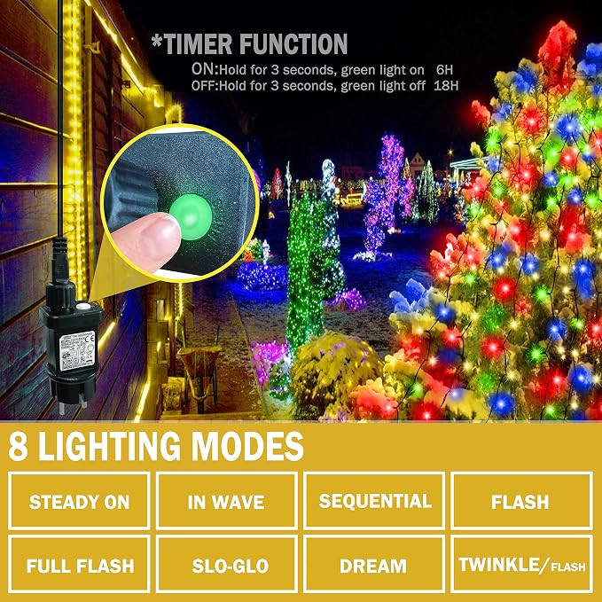 Christmas Tree Lights 400 LEDs with Timer, Xmas String Lights with Ring 16 Strings 6.6FT Easy to Install, Christmas Curtain Fairy Tree Light 8 Modes for Xmas Fir Pine Party Decoration, Colorful