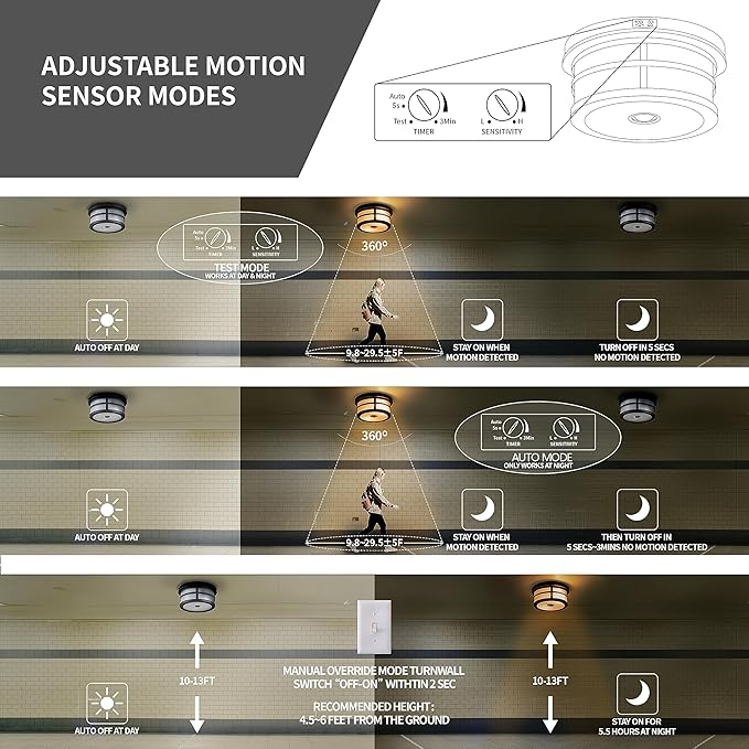 Motion Sensor Outdoor Ceiling Light, Flush Mount Front Porch Light with Adjustable Sensor 2-Light Black Outdoor Light Fixture Ceiling Mount with Frosted Glass for Garage, Patio