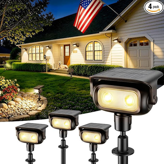Ollny Solar Lights Outdoor Waterproof IP65, 360° Rotation Solar Spot Lights Outdoor, Long Last 2 Lighting Modes Solar Powered Garden Yard Spot Solar Lights for Outside Landscape 4 Pack (Warm White)